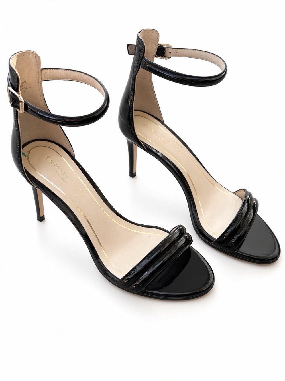 Kenneth Cole NY Milania Black Patent Sandals Heels 8M Ankle Strap Y2K Minimalist